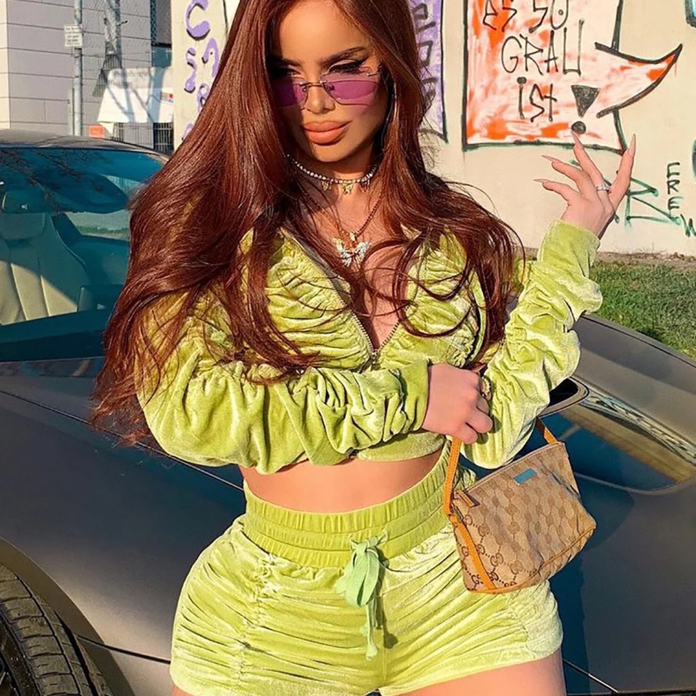 Ask About Me Velvet Short Set - Chartreuse/ Lime green - SZ M - Fashion Nova
